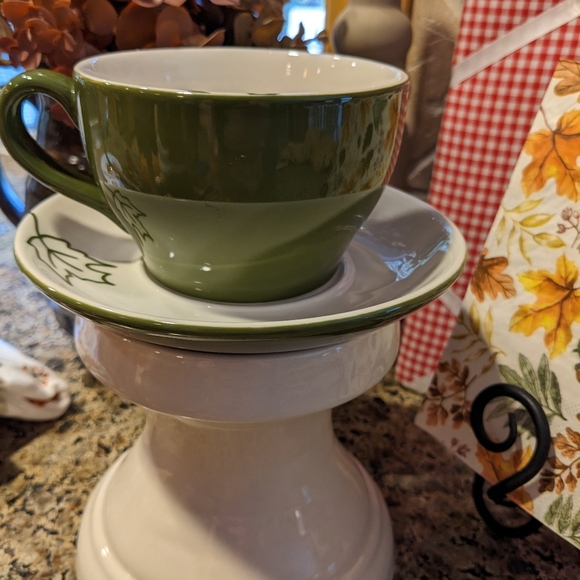 Starbucks 2007 Green 10oz Cup & Saucer Set Embossed Leaf Design Mug Fall Decor - Picture 4 of 9